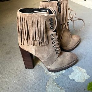 Kenneth Cole High heeled suede fringe bootie.